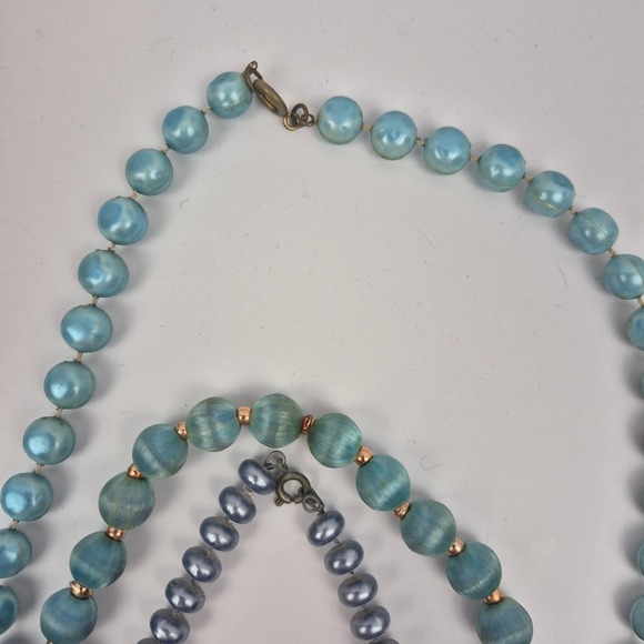 Vtg Beaded Necklace Lot 5pc Blue Green Japan Marked Faux Pearl Velvet Layering - Picture 9 of 16